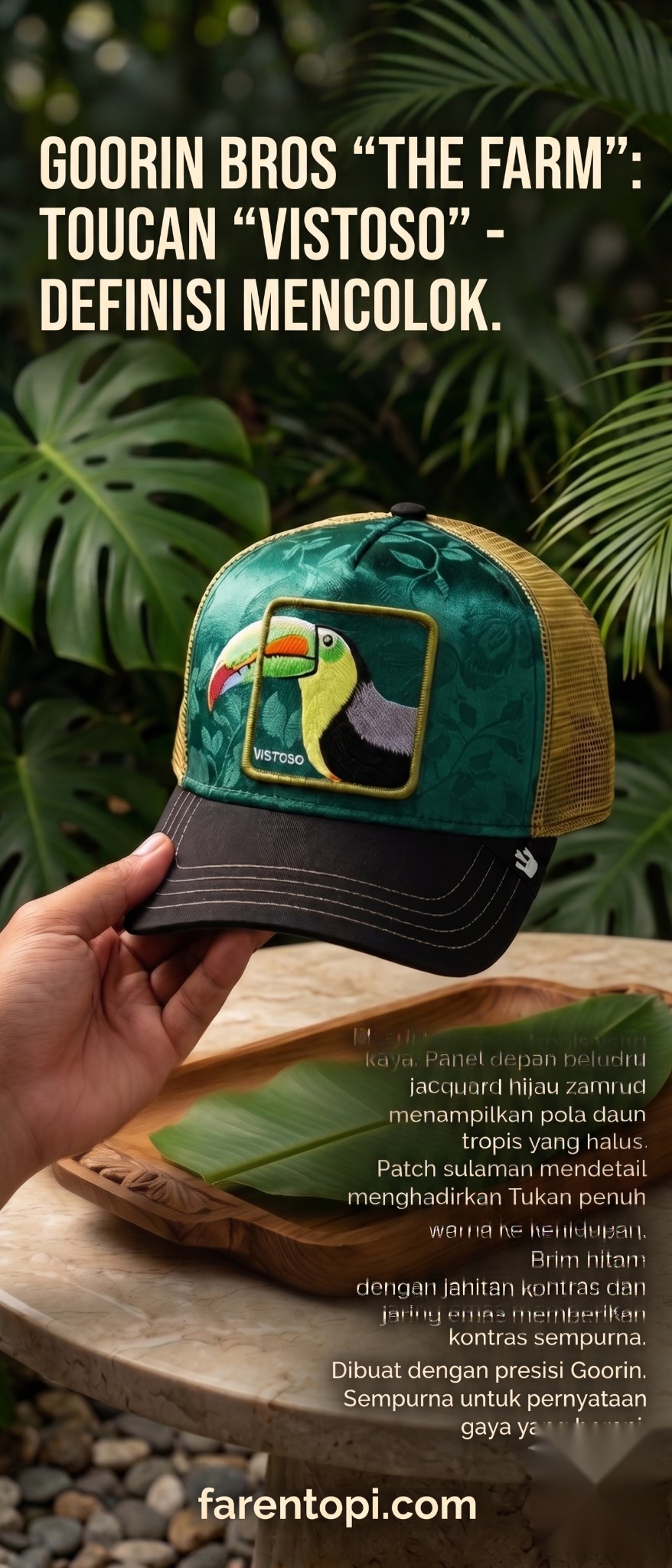 Topi Goorin Bros The Farm Vistoso Belize Toucan Green Trucker Cap Original